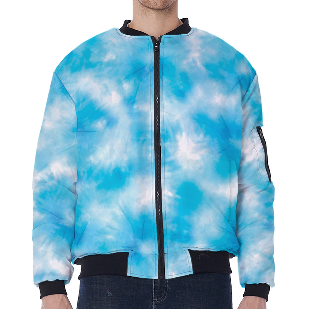 Blue Shibori Tie Dye Print Zip Sleeve Bomber Jacket