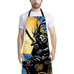 Blue Sky And Golden Sun Samurai Print Bib Apron With Pocket