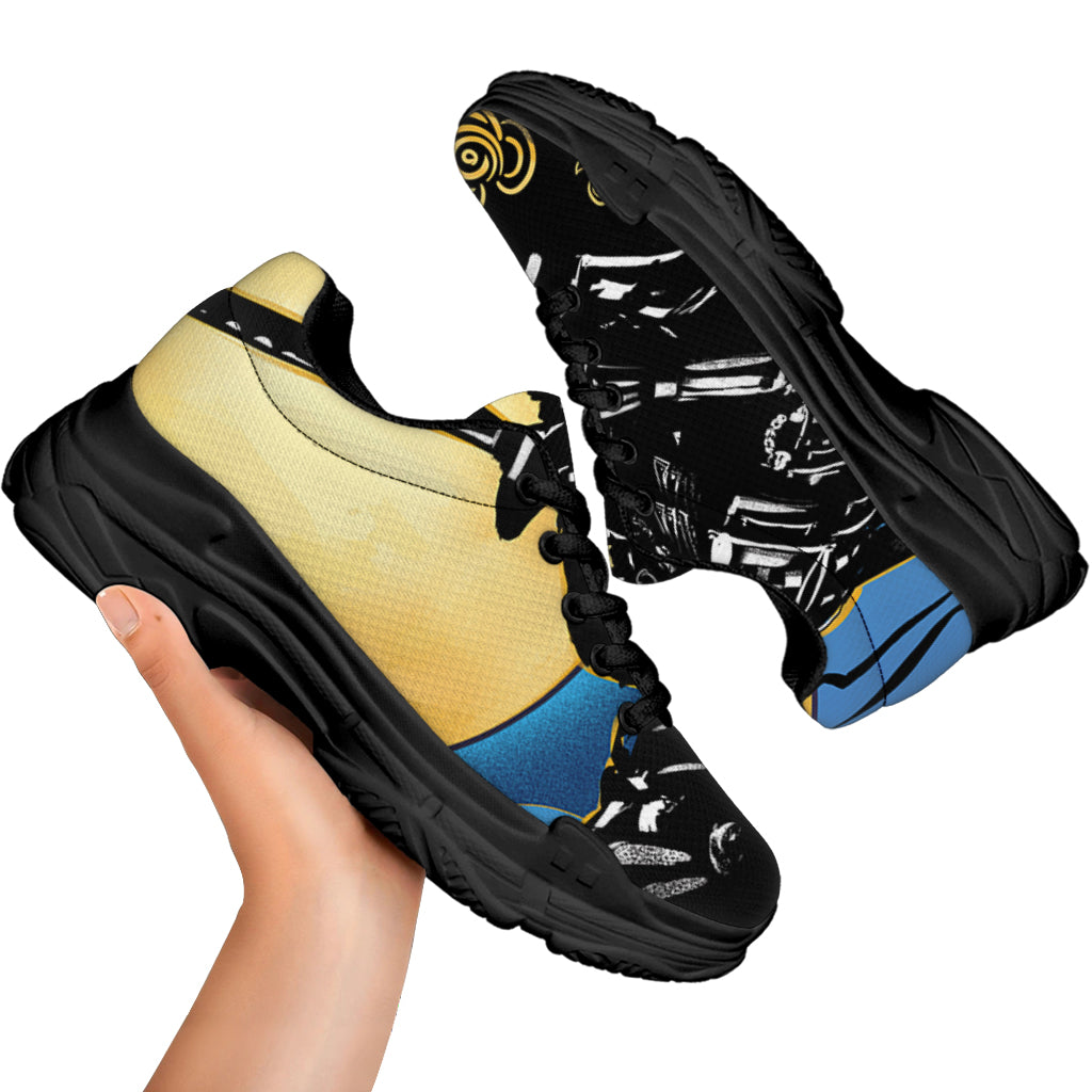 Blue Sky And Golden Sun Samurai Print Black Chunky Shoes