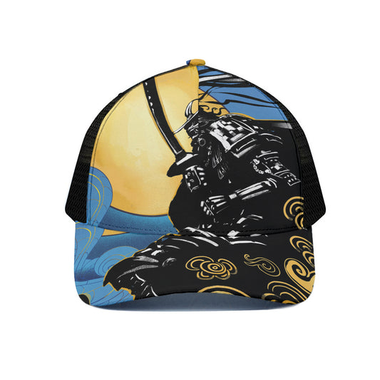 Blue Sky And Golden Sun Samurai Print Black Mesh Trucker Cap