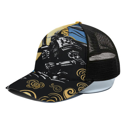 Blue Sky And Golden Sun Samurai Print Black Mesh Trucker Cap