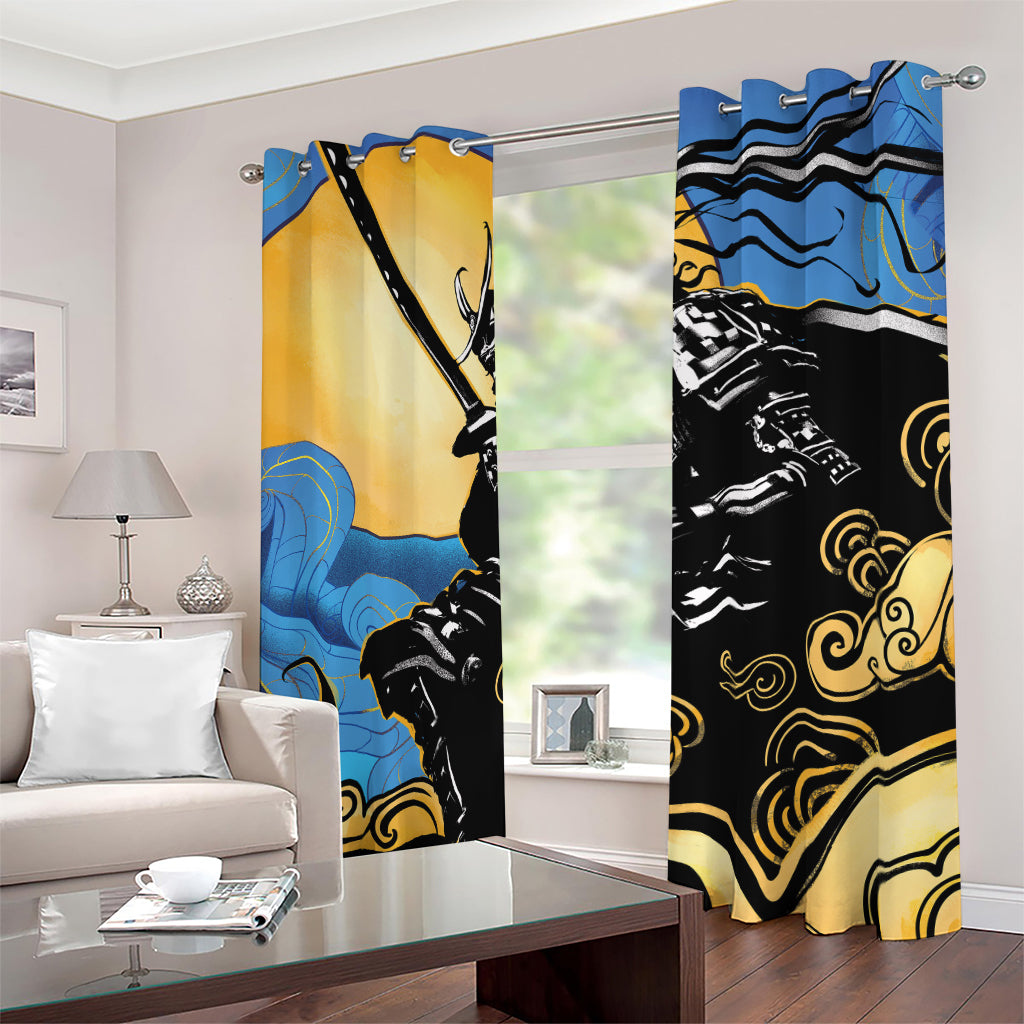 Blue Sky And Golden Sun Samurai Print Blackout Grommet Curtains