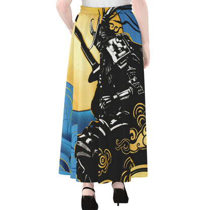 Blue Sky And Golden Sun Samurai Print Chiffon Maxi Skirt