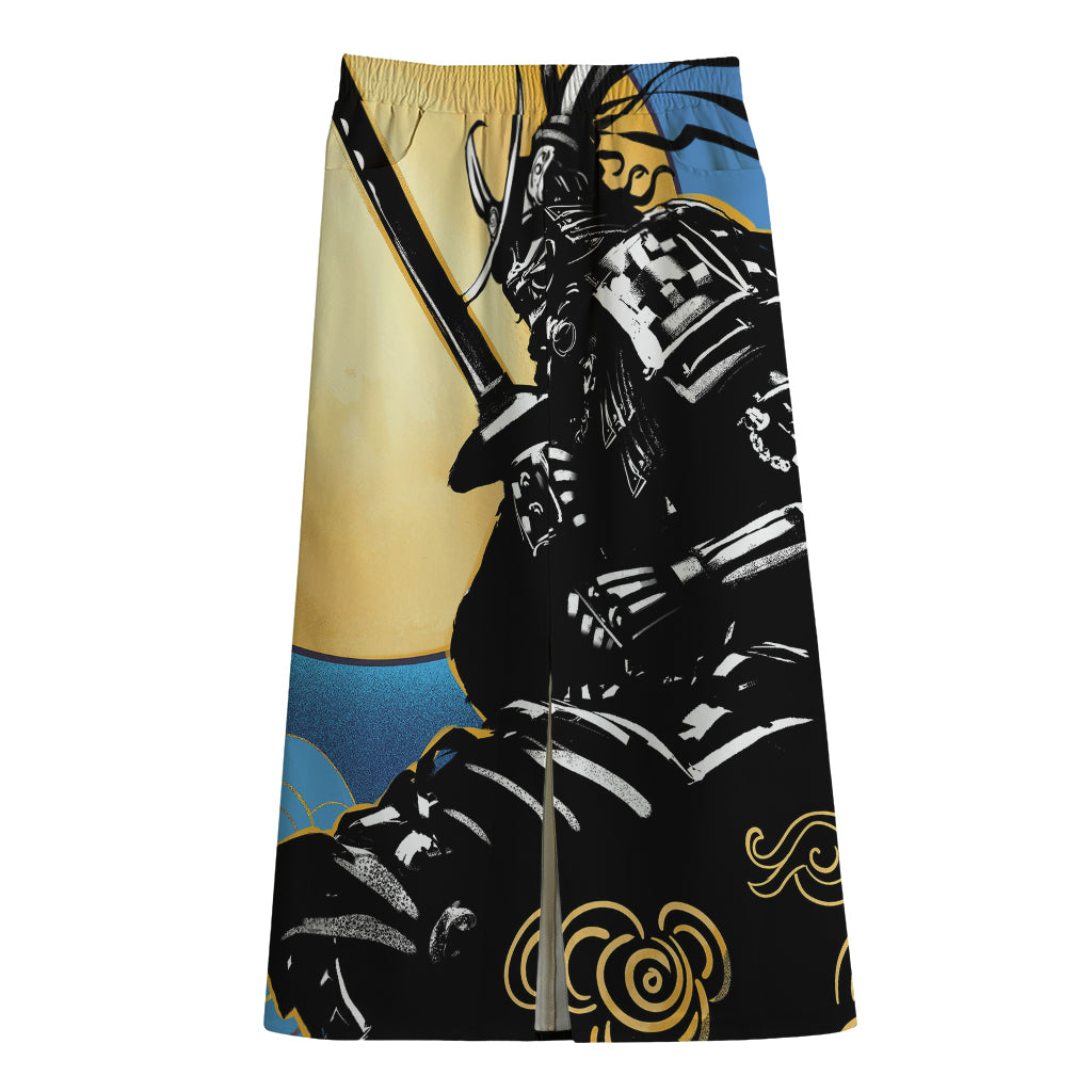 Blue Sky And Golden Sun Samurai Print Cotton Front Slit Maxi Skirt