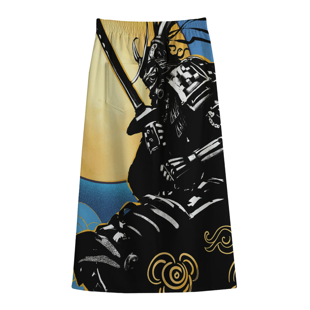 Blue Sky And Golden Sun Samurai Print Cotton Front Slit Maxi Skirt