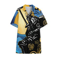 Blue Sky And Golden Sun Samurai Print Cotton Hawaiian Shirt