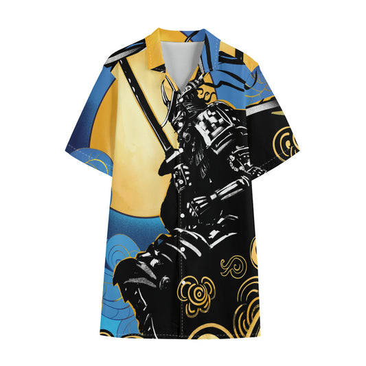 Blue Sky And Golden Sun Samurai Print Cotton Hawaiian Shirt