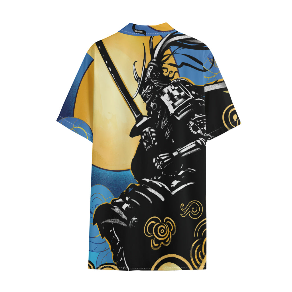 Blue Sky And Golden Sun Samurai Print Cotton Hawaiian Shirt