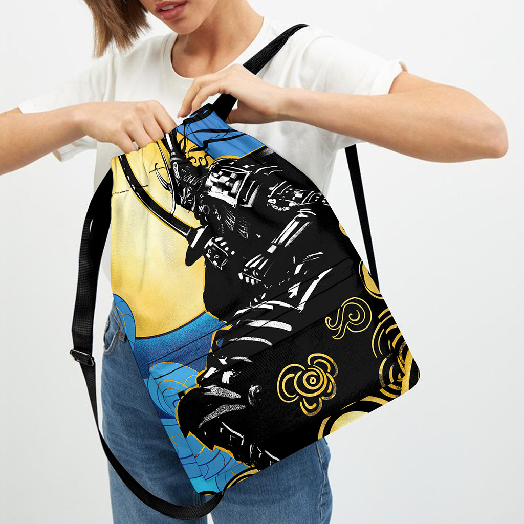 Blue Sky And Golden Sun Samurai Print Drawstring Backpack