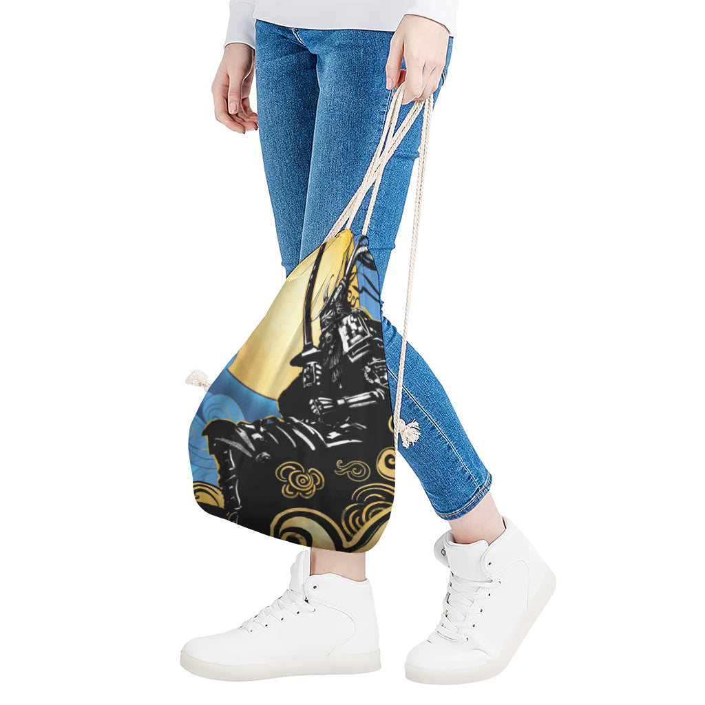 Blue Sky And Golden Sun Samurai Print Drawstring Bag