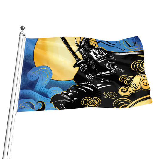 Blue Sky And Golden Sun Samurai Print Flag