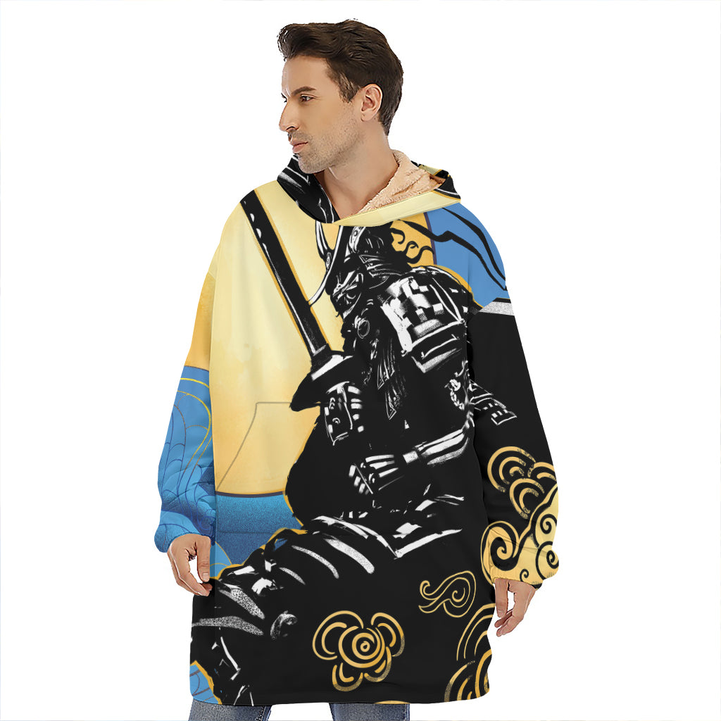 Blue Sky And Golden Sun Samurai Print Hoodie Blanket