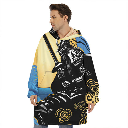 Blue Sky And Golden Sun Samurai Print Hoodie Blanket