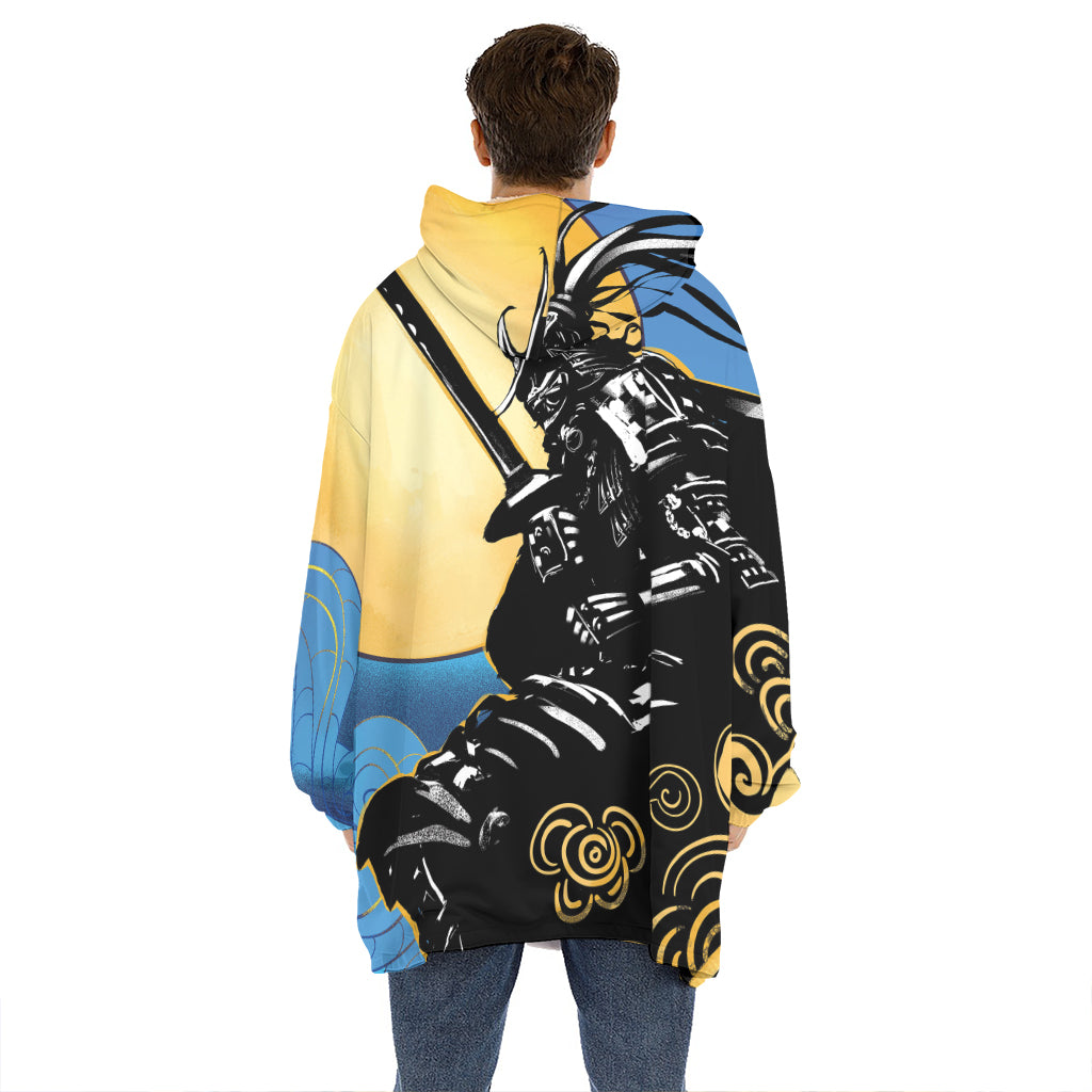 Blue Sky And Golden Sun Samurai Print Hoodie Blanket