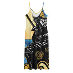 Blue Sky And Golden Sun Samurai Print Jersey Midi Cami Dress