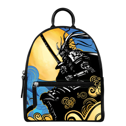 Blue Sky And Golden Sun Samurai Print Leather Backpack