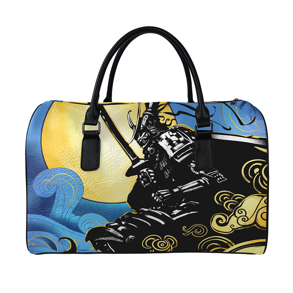 Blue Sky And Golden Sun Samurai Print Leather Duffle Bag