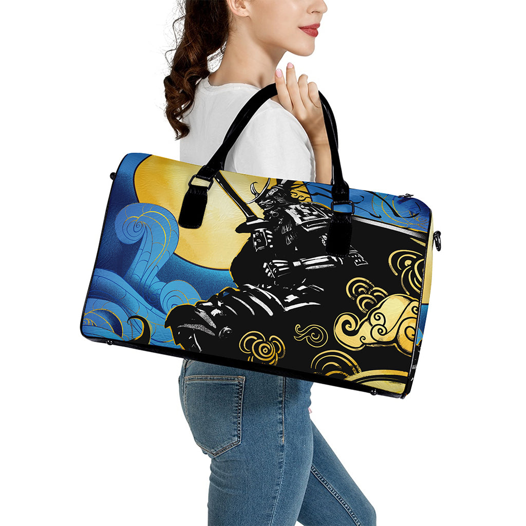 Blue Sky And Golden Sun Samurai Print Leather Duffle Bag