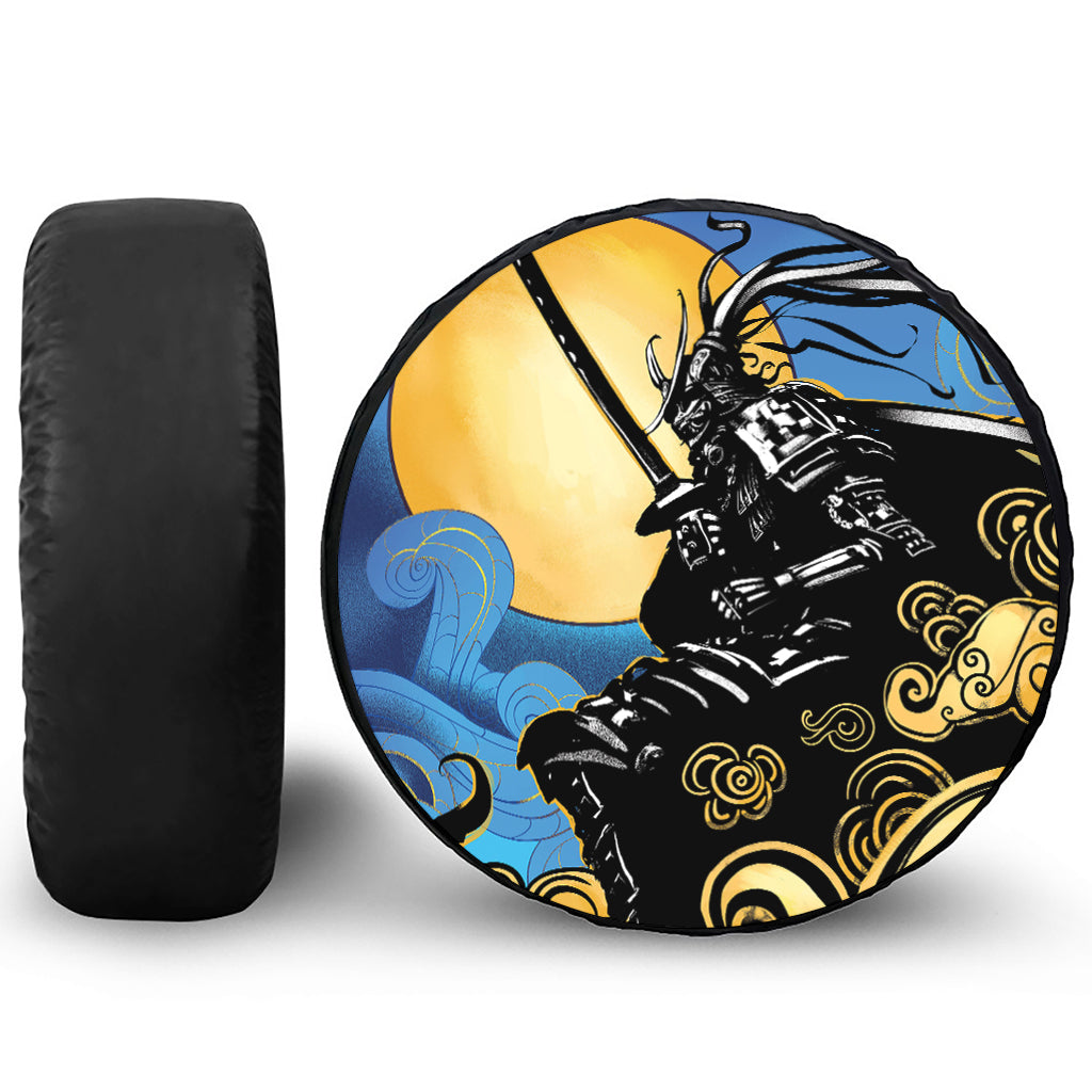 Blue Sky And Golden Sun Samurai Print Leather Spare Tire Cover