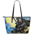 Blue Sky And Golden Sun Samurai Print Leather Tote Bag With Zipper