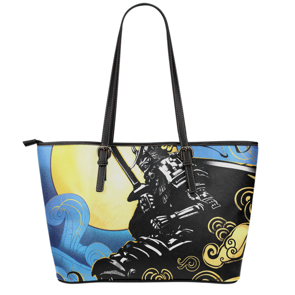 Blue Sky And Golden Sun Samurai Print Leather Tote Bag