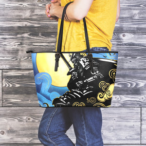 Blue Sky And Golden Sun Samurai Print Leather Tote Bag