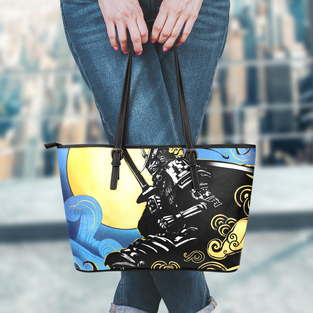 Blue Sky And Golden Sun Samurai Print Leather Tote Bag