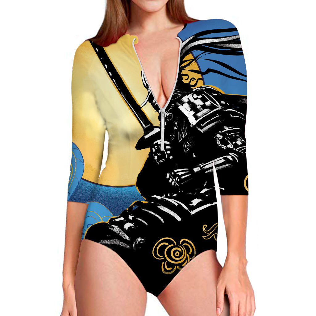 Blue Sky And Golden Sun Samurai Print Long Sleeve Swimsuit