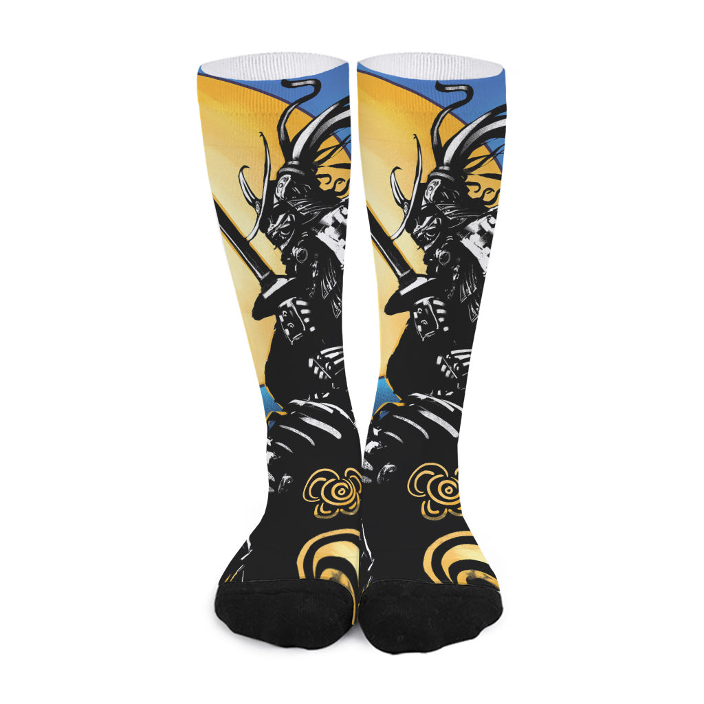 Blue Sky And Golden Sun Samurai Print Long Socks