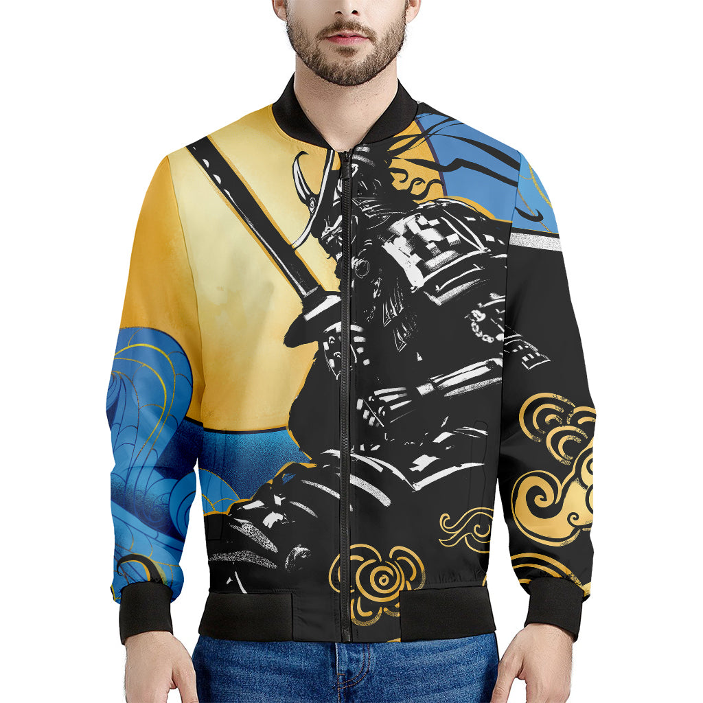 Blue Sky And Golden Sun Samurai Print Men's Bomber Jacket