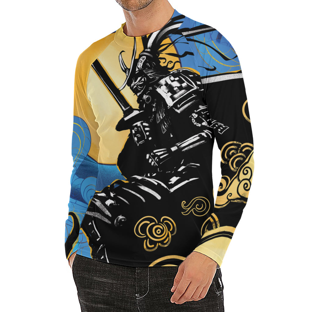 Blue Sky And Golden Sun Samurai Print Men's Long Sleeve Rash Guard