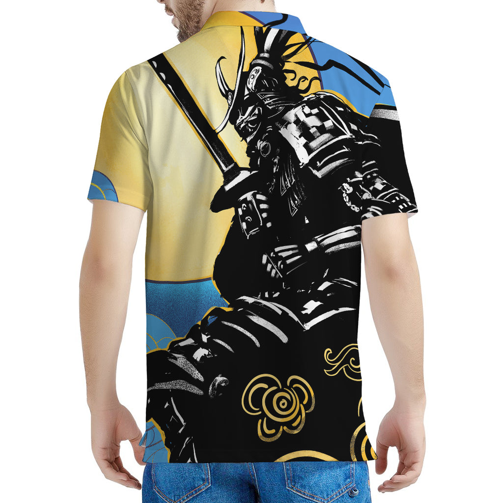 Blue Sky And Golden Sun Samurai Print Men's Polo Shirt