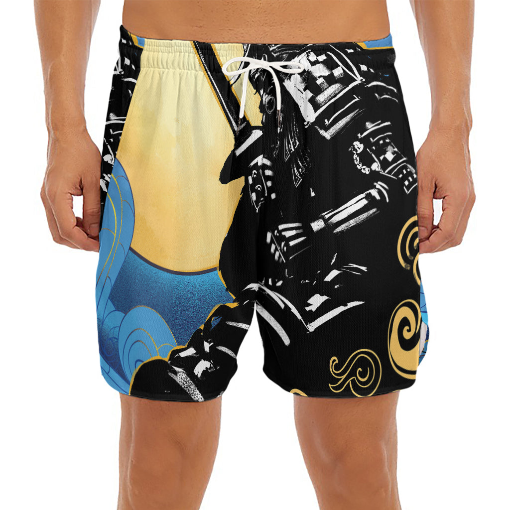 Blue Sky And Golden Sun Samurai Print Men's Split Running Shorts