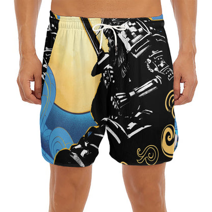 Blue Sky And Golden Sun Samurai Print Men's Split Running Shorts