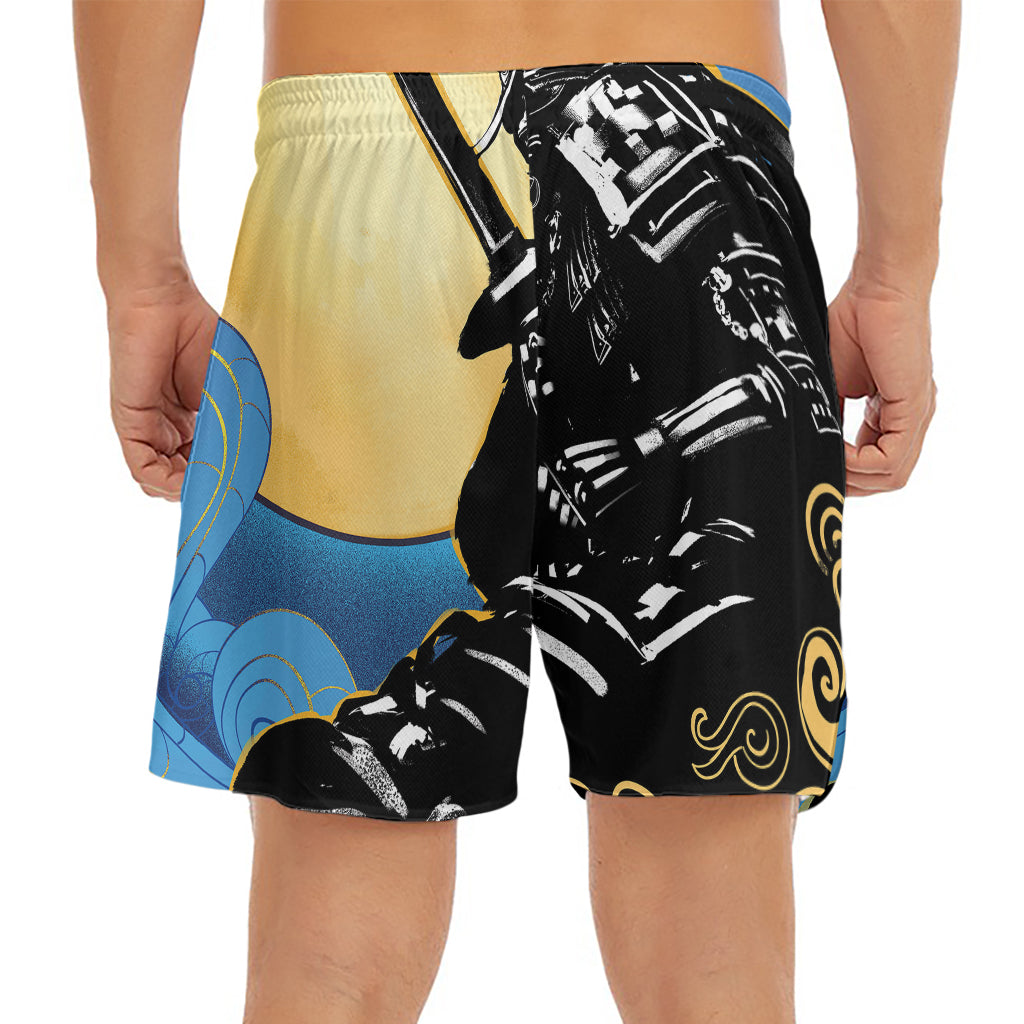 Blue Sky And Golden Sun Samurai Print Men's Split Running Shorts