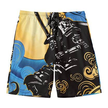 Blue Sky And Golden Sun Samurai Print Men's Swim Trunks