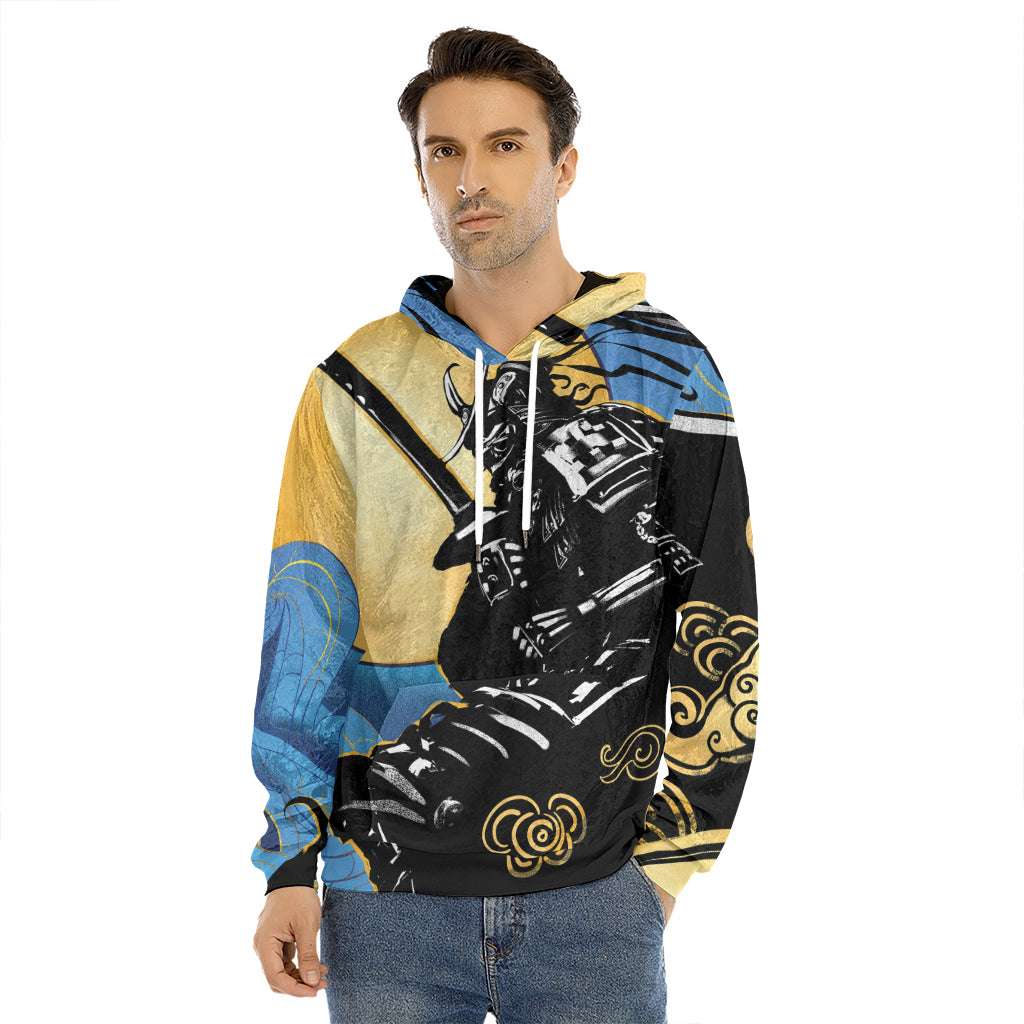 Blue Sky And Golden Sun Samurai Print Men's Velvet Pullover Hoodie