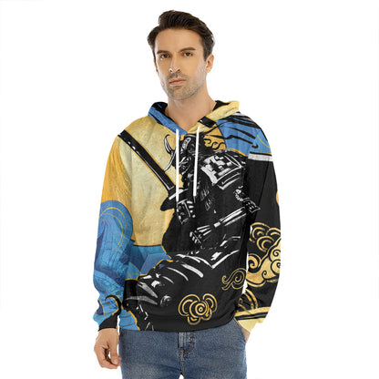 Blue Sky And Golden Sun Samurai Print Men's Velvet Pullover Hoodie