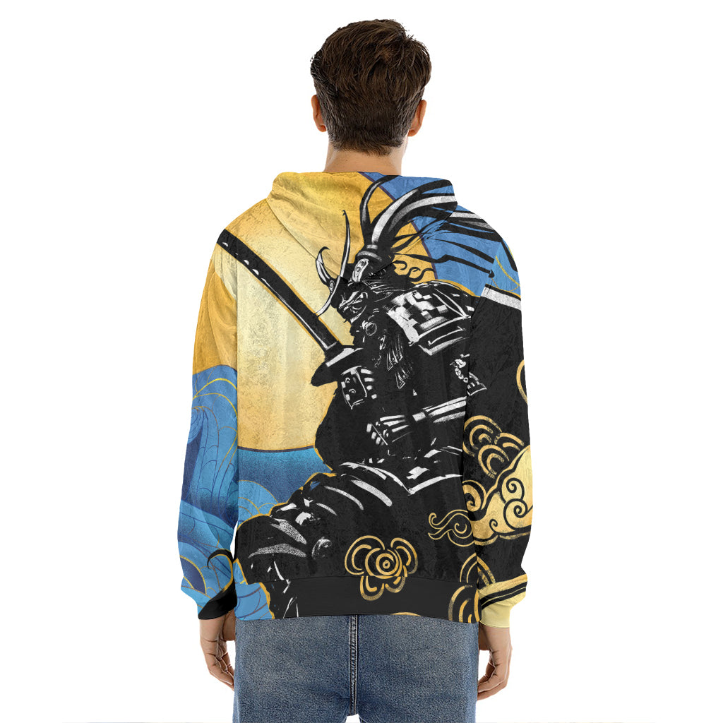 Blue Sky And Golden Sun Samurai Print Men's Velvet Pullover Hoodie