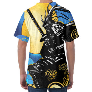 Blue Sky And Golden Sun Samurai Print Men's Velvet T-Shirt