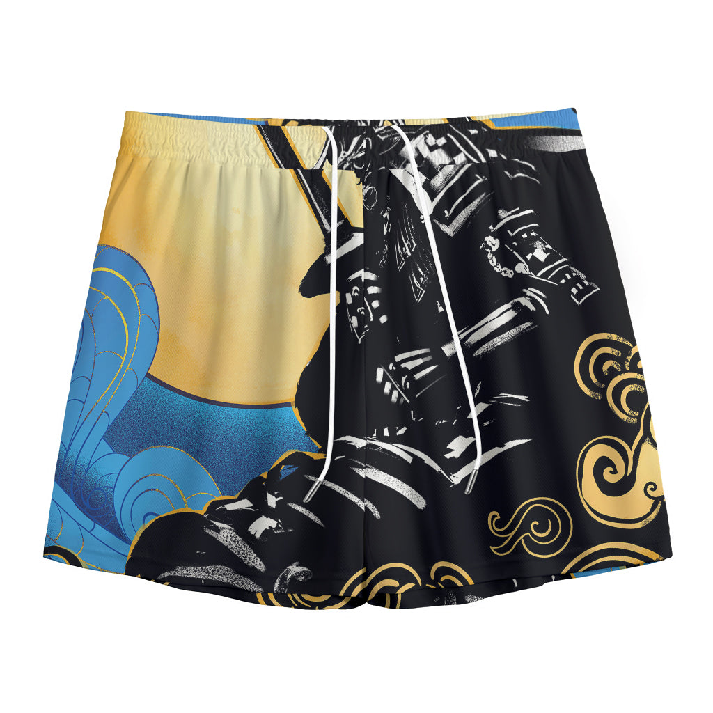 Blue Sky And Golden Sun Samurai Print Mesh Shorts