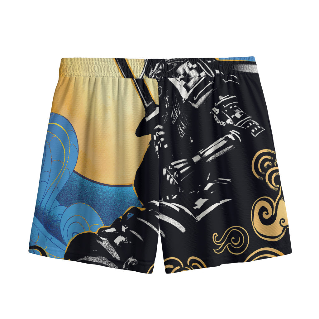 Blue Sky And Golden Sun Samurai Print Mesh Shorts