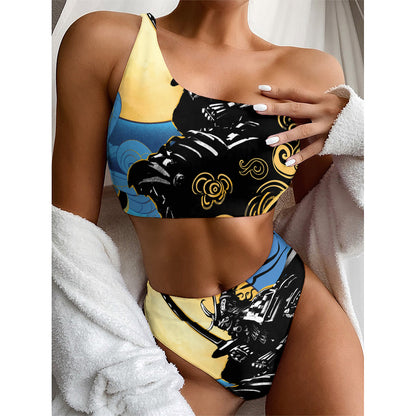 Blue Sky And Golden Sun Samurai Print One Shoulder Bikini Top