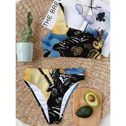 Blue Sky And Golden Sun Samurai Print One Shoulder Bikini Top