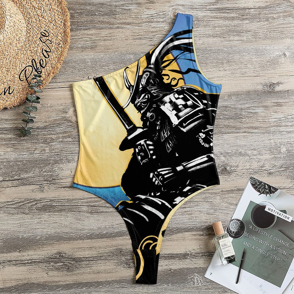 Blue Sky And Golden Sun Samurai Print One Shoulder Bodysuit
