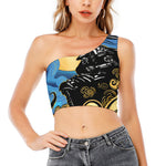 Blue Sky And Golden Sun Samurai Print One Shoulder Crop Top