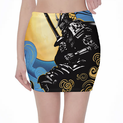 Blue Sky And Golden Sun Samurai Print Pencil Mini Skirt