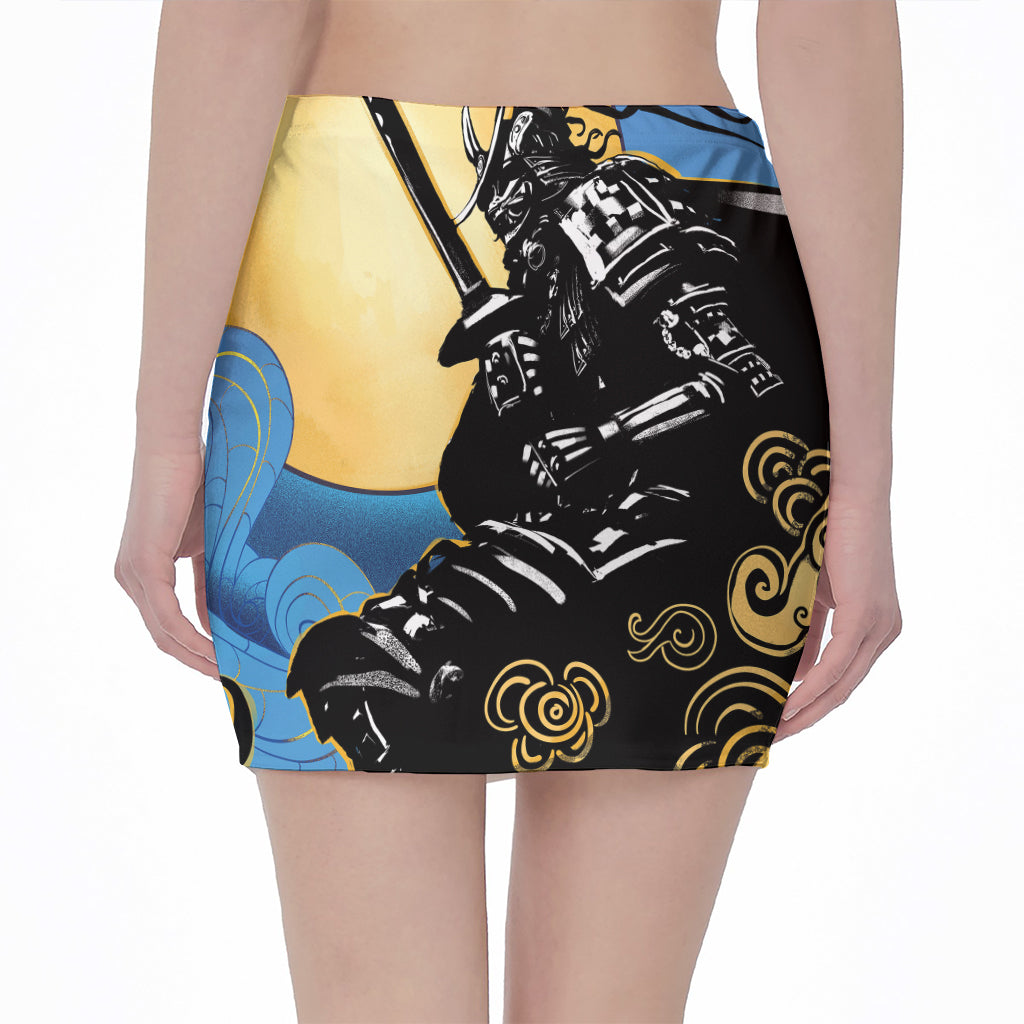 Blue Sky And Golden Sun Samurai Print Pencil Mini Skirt