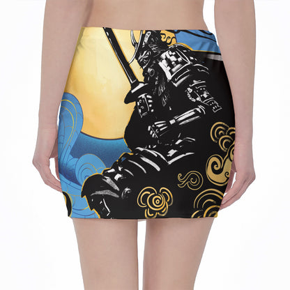 Blue Sky And Golden Sun Samurai Print Pencil Mini Skirt