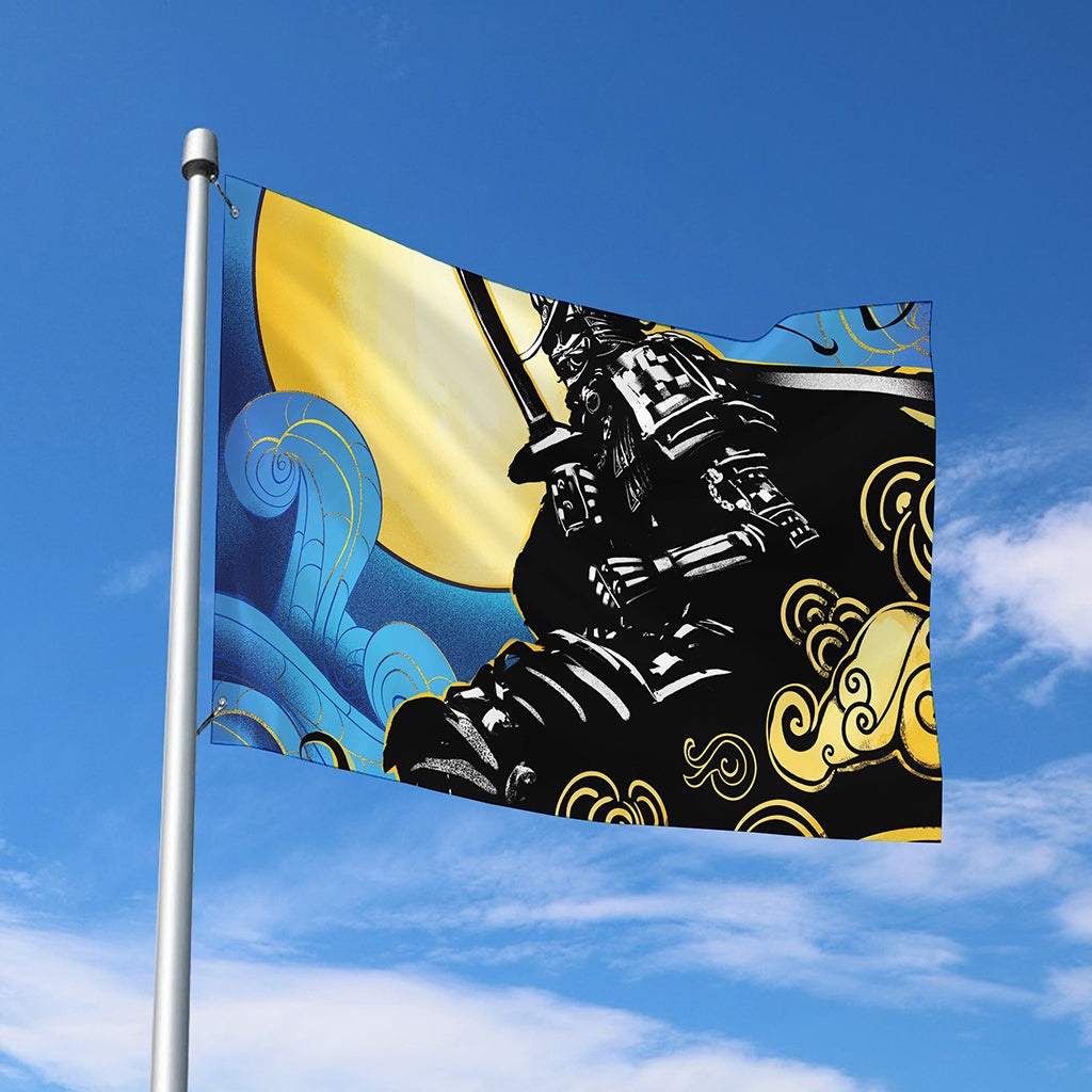 Blue Sky And Golden Sun Samurai Print Polyester Flag